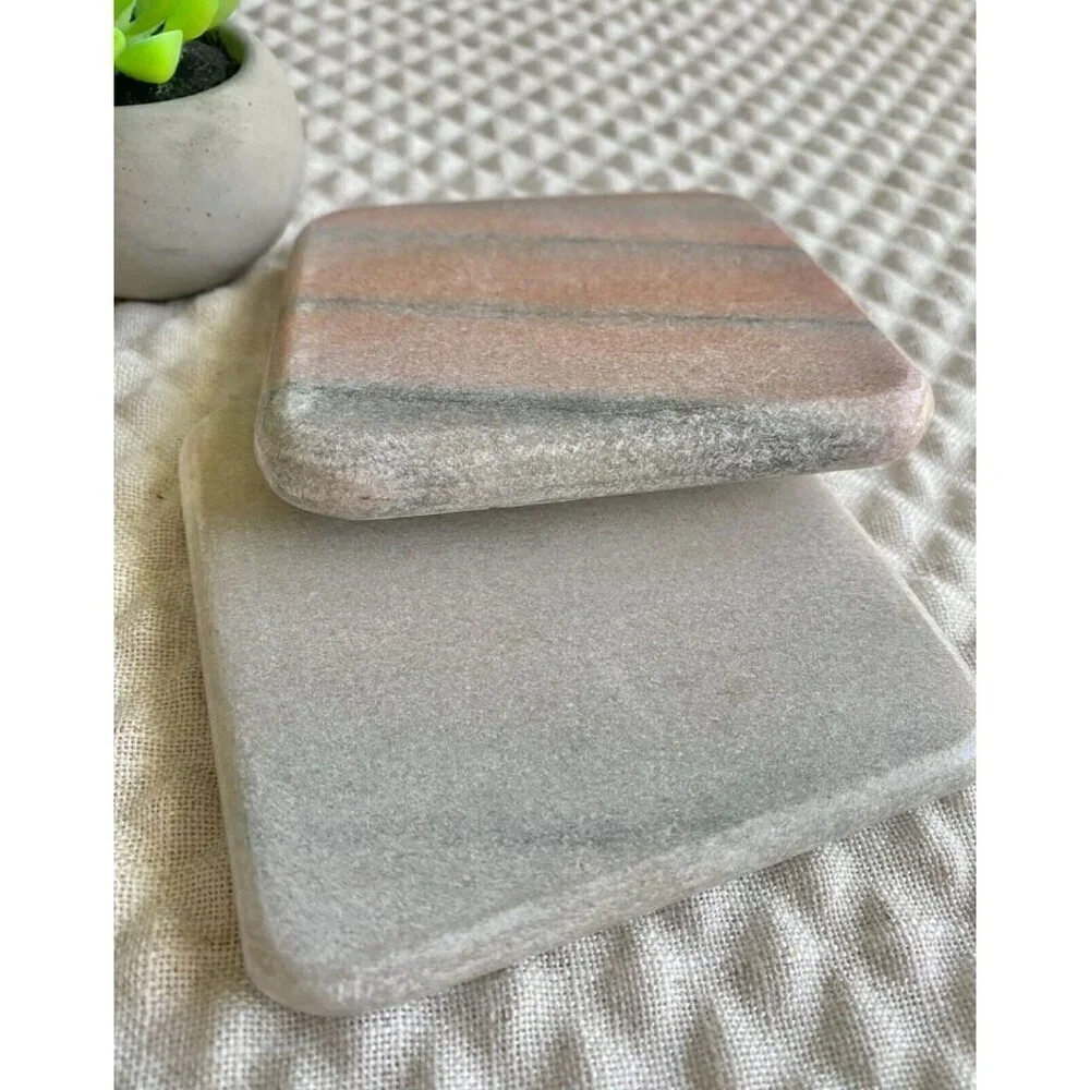New Natural Marble Pink-Peach & Gray Square Chunky Stone Coasters Set of 2